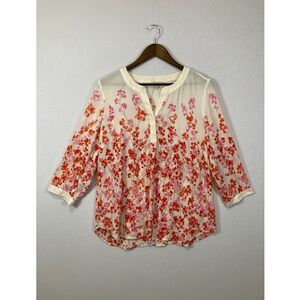 Talbots Floral Blouse Womens Medium Pink Orange 3/4 Sleeve Split Neck Cream